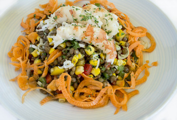 Delicious salad of lentils, vegetables and seafood