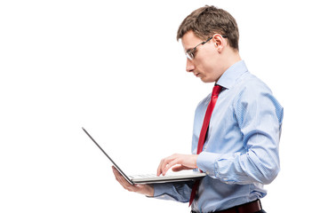 Chief accountant with laptop and space left on white background