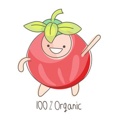 Cute (kawaii) vegetable - Tomato. Doodle style. Kids illustration. 100% Organic food