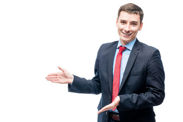 Presentation of the best product, conceptual portrait of a businessman on a white background