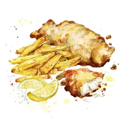 Tuinposter Fish and chips. Aquarel illustratie. © nataliahubbert