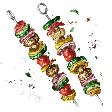 Vegetarian kebab. Watercolor Illustration. 
