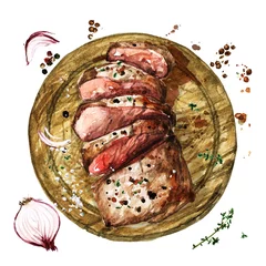 Foto op Plexiglas Geroosterd vlees. Aquarel illustratie. © nataliahubbert
