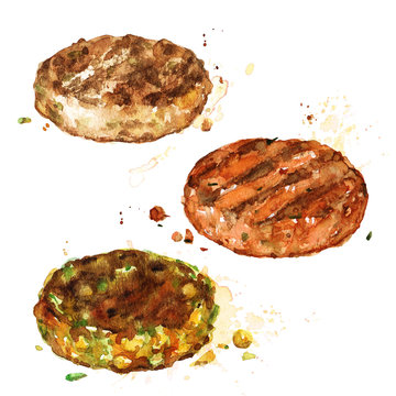 Burger patties. Watercolor Illustration. 
