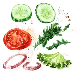 Zelfklevend Fotobehang Salade ingrediënten. Aquarel illustratie. © nataliahubbert