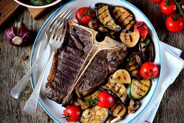 Grilled t-bone steak with grilled vegetables on an old wooden background. Rustic style.