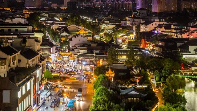Time Lapse of Nanjing Confucius Temple scenic region and Qinhuai River at night,nanjing landmark,