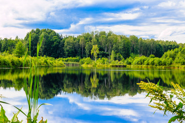 Fototapeta na wymiar Bialowieza Forest. Republic of Belarus. On the lake path. Forest and lake. The blue sky is reflected in the water. Travels.