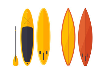 Set of modern colorful surfboards. Equipment for surfing. Summer active rest on water. Vector illustration on white background.