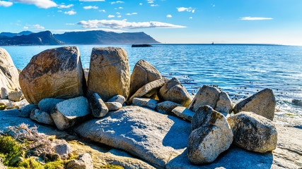 Large granite boulders at Boulders Beach, a popular nature reserve and home to a colony of African Penguins, in the village of Simons Town in the Cape Peninsula of South Africa