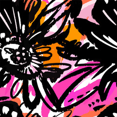 Seamless abstract floral ink hand drawn pattern