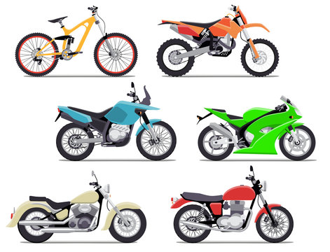 Bike and motorbike flat vector illustration set. Flat vector illustration. Isolation on white background