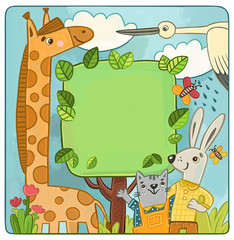 Детская иллюстрация: рамка с веселыми животными. Жираф, заяц, кот, журавль.