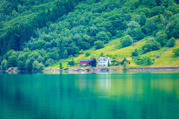 Fototapeta na wymiar Norwegian country houses in the mountains on lake shore