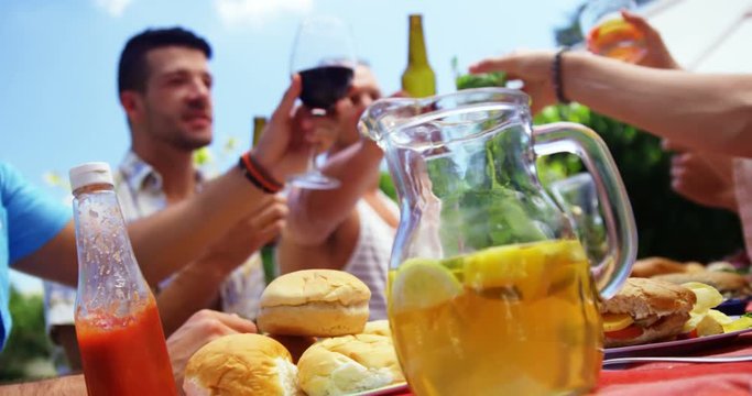 Group of happy friends toasting beer bottles and glasses at outdoors barbecue party