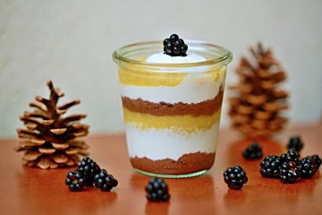 Dessert in glas made of banana, mango, yogurt, chocolate and blackberries