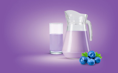 Purple background water bottle and blueberry milk in the glass