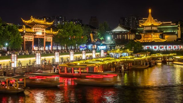 Time Lapse of Nanjing Confucius Temple scenic region and Qinhuai River at night,nanjing landmark,