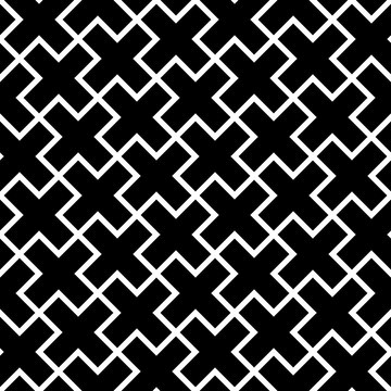 Abstract seamless pattern background. Mosaic of black geometric crosses with white outline. Vector illustration.