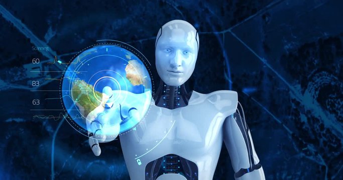 Humanoid male robot touching digital globe. 4K+ 3D digital animation.