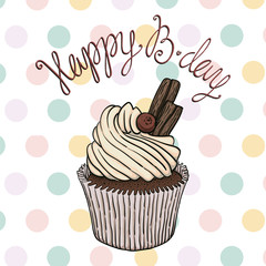 Hand drawn vector birthday greeting card with creamy cupcake