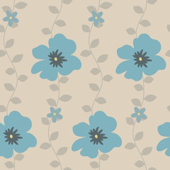 Seamless pattern with blue flowers and leaves on a beige background. It can be used for packing of gifts, tiles fabrics backgrounds. Vector illustration.