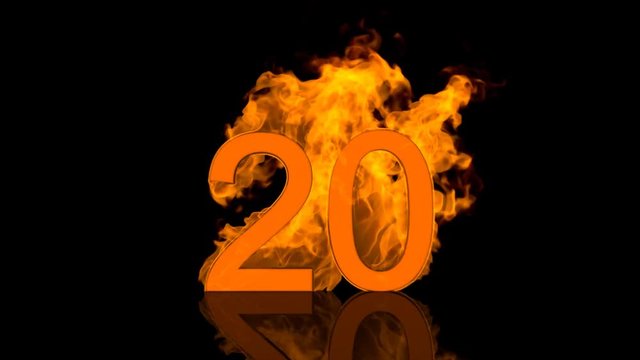 Flaming Number Twenty Burning in Orange Fire Centred on Black Background in Concept Image