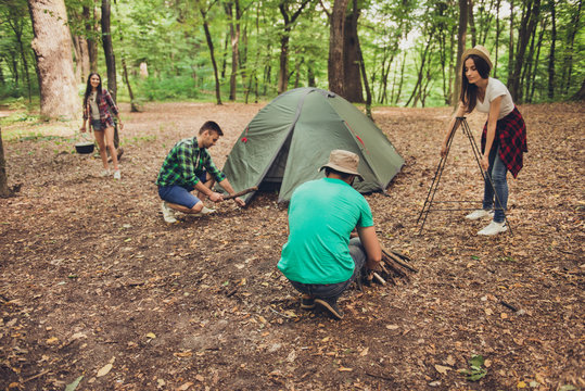 Trekking, camping and wild life concept. Photo of four best friends, setting the camp in the woods near canyon, all are excited and anxious