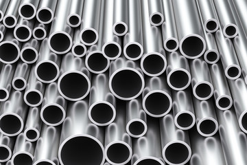 metal pipes background closeup, 3D rendering
