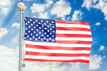 USA flag waving in blue cloudy sky, 3D rendering