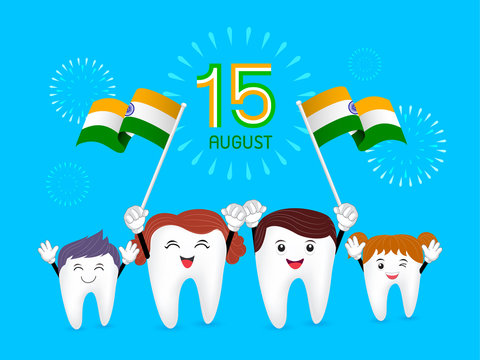 Cute cartoon family tooth character waving india flag. Happy Independence Day. Illustration isolated on blue background.
