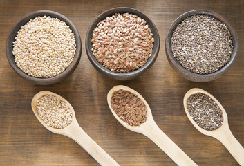 Seeds of quinoa, linseed and chia