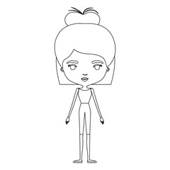 silhouette caricature skinny woman in clothes with bun medium modern hairstyle vector illustration