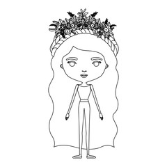 silhouette caricature skinny woman in clothes with wavy long hairstyle and flower crown accesory vector illustration
