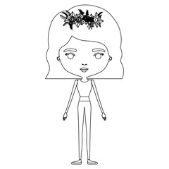 silhouette caricature skinny woman in clothes with wavy short hairstyle and flower crown accesory vector illustration
