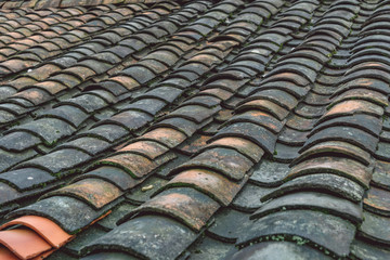Traditional clay roof of ancient chinese building,closeup.