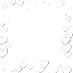 Cutout white paper hearts. Chaotic border with cutout white paper hearts on white background. Vector illustration.