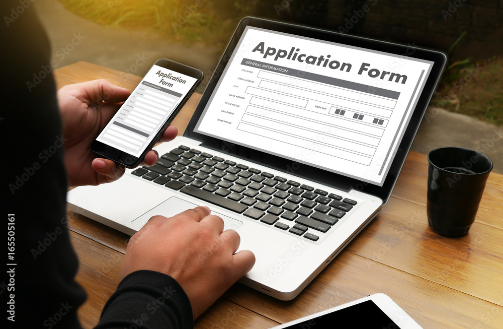 Poster business man working on laptop computer use online web job application form moniter
