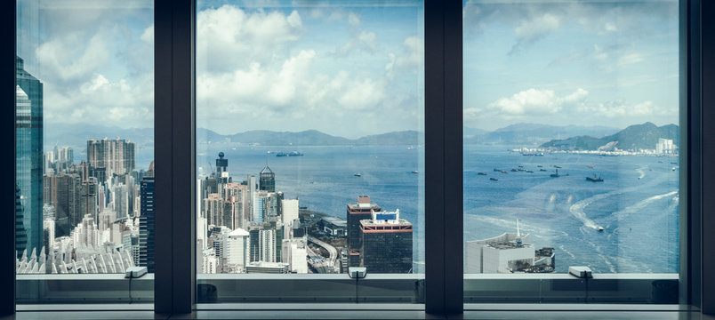 Fototapeta window view of city skyline,shot in Hong Kong,China.