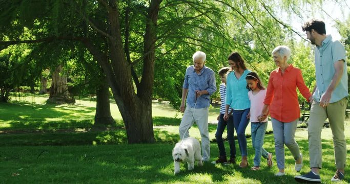 Multi-generation family walking with their dog in the park