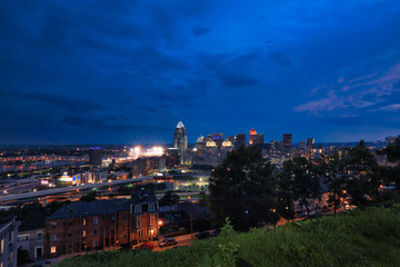 Downtown Cincinnati, Ohio looking southwest toward the Ohio River and Kentucky