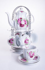 tea set or porcelain tea set on background.
