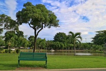 Green bench under the tree with lake in tropical park in the morning of summer time.