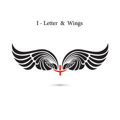 I-letter sign and angel wings.Monogram wing logo mockup.Classic emblem.Elegant dynamic alphabet letters with wings.Creative design element.Corporate branding identity