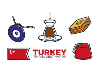 Turkey tourist travel and Turkish culture vector outline flat symbols set