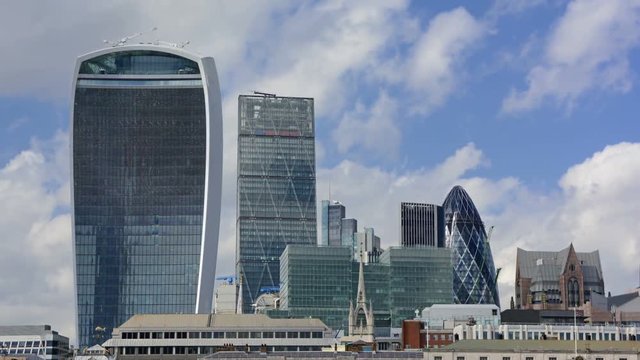 Timelapse of clouds with London Skyline on sunny day. London, United Kingdom.