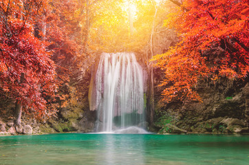 Fototapeta na wymiar Waterfall in Deep forest at Erawan waterfall National Park,
