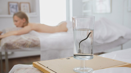 Blonde beautiful girl on medicine procedure - hirudotherapy