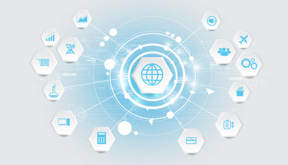 Abstract technology circuit diagram vector background with business icons.