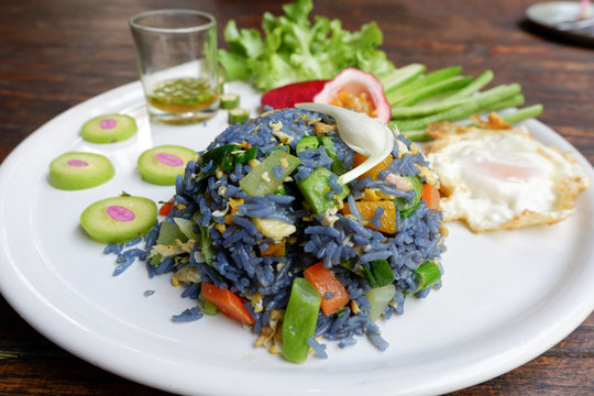 Close up Fried Blue rice from petal of butterfly pea flowers